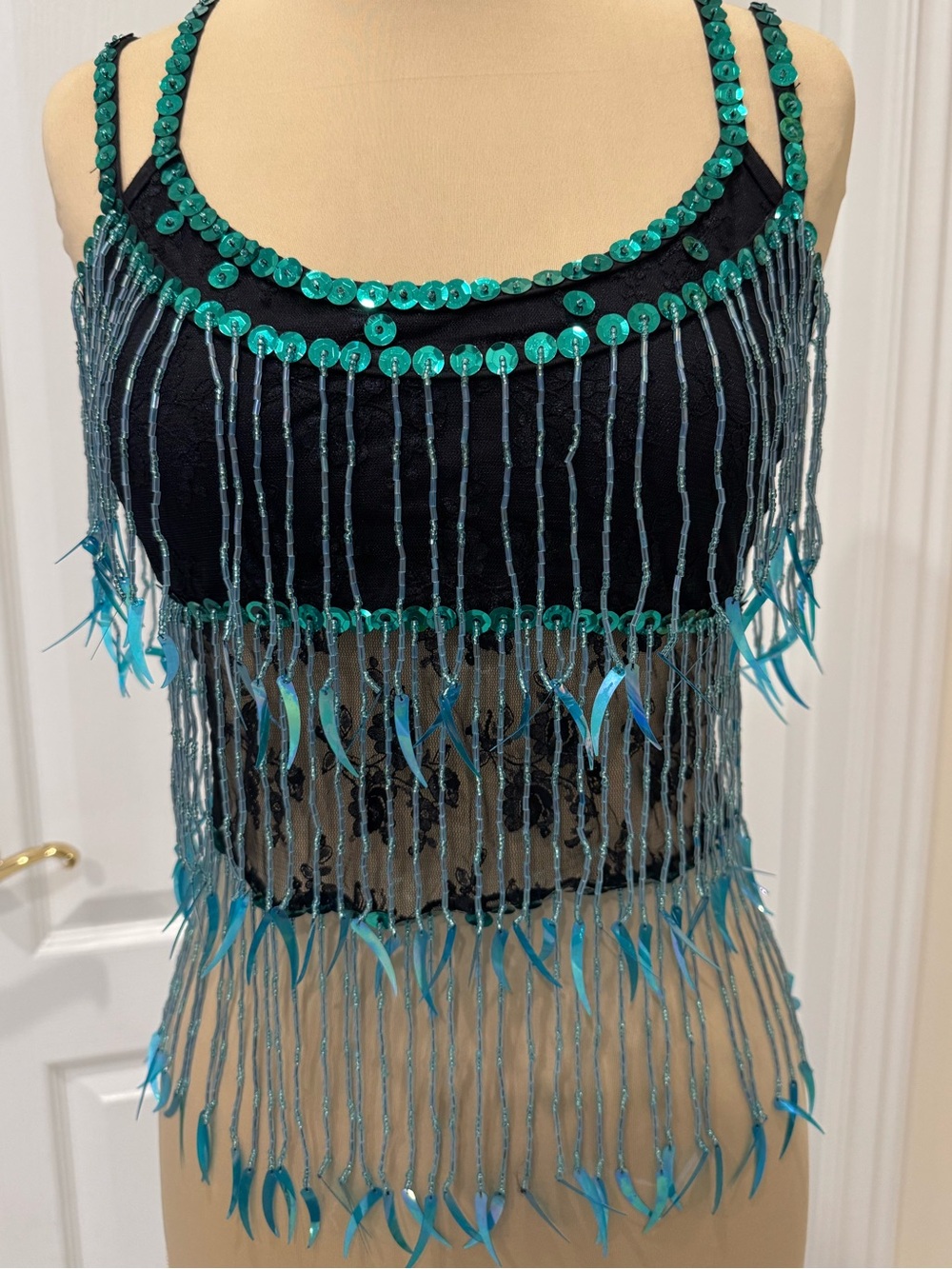 Black stretch Lace Crop Tank with hand, beaded, turquoise Teal Sequin Fringe